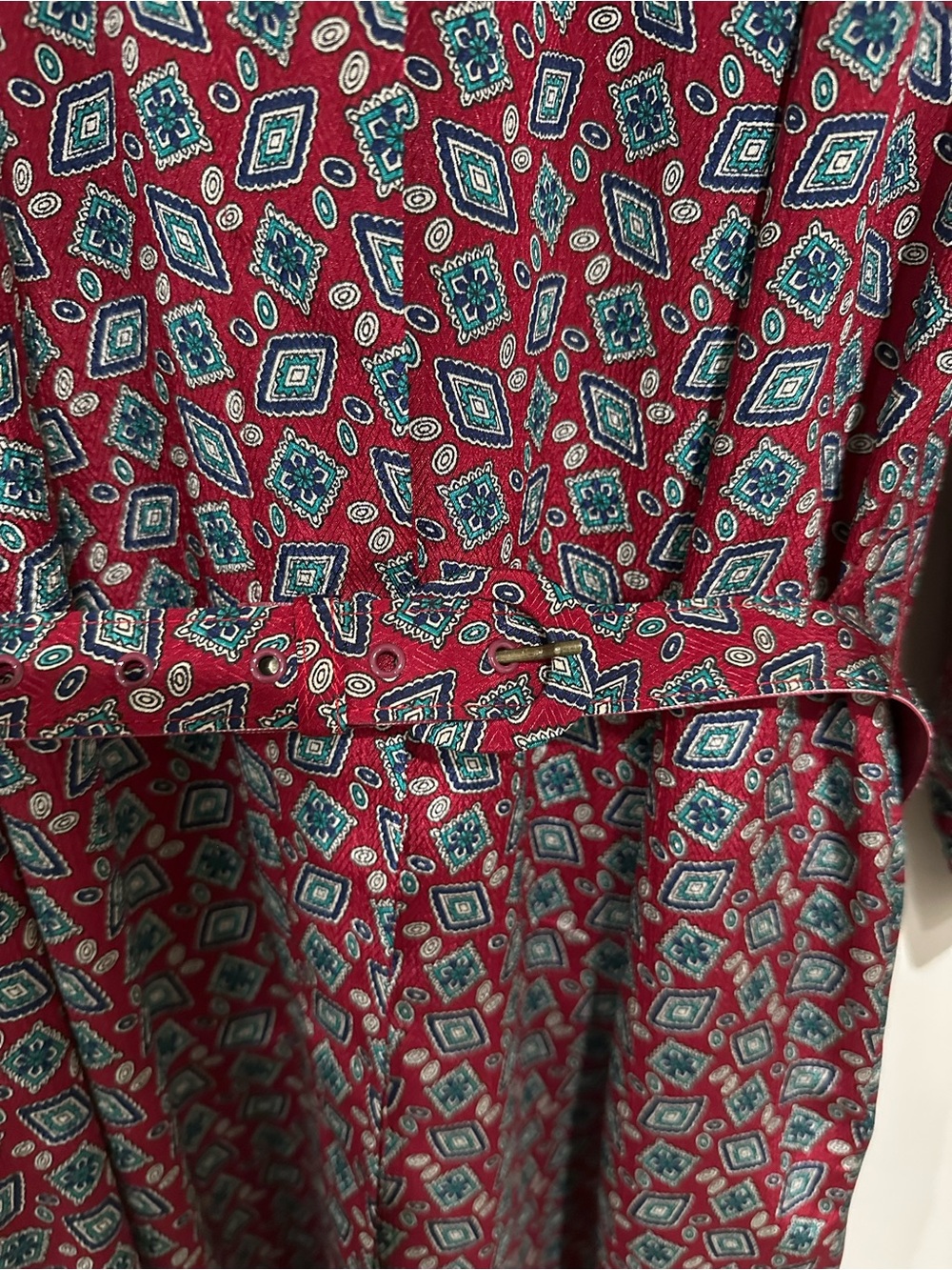 Vintage Schrader Red Geometric Belted Shirt Dress Retro Fits XL Midi Pockets - Picture 8 of 16